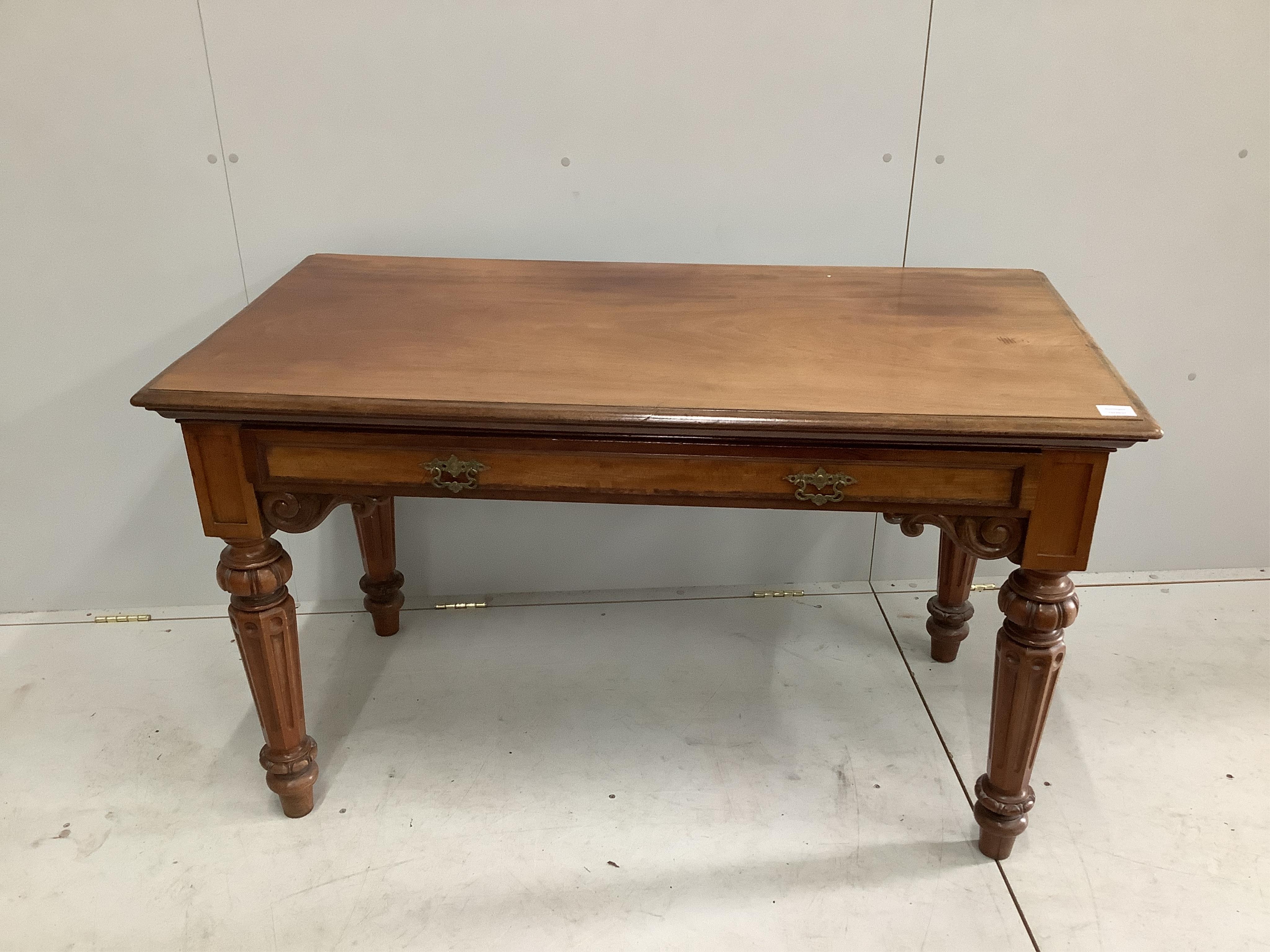 A Victorian mahogany side table, width 126cm, depth 64cm, height 76cm. Condition - fair